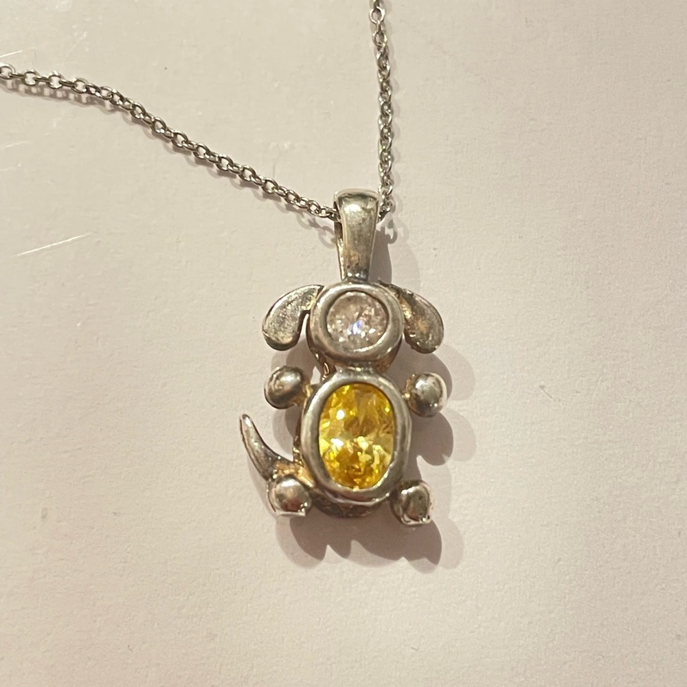 Silver Puppy Pendant with November Birthstone on Silver Chain